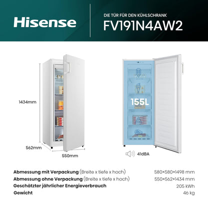 Hisense (FV191N4AW2) Gefrierschrank - TotalNoFrost - Türalarm - Multiflow 360° | 205kWh