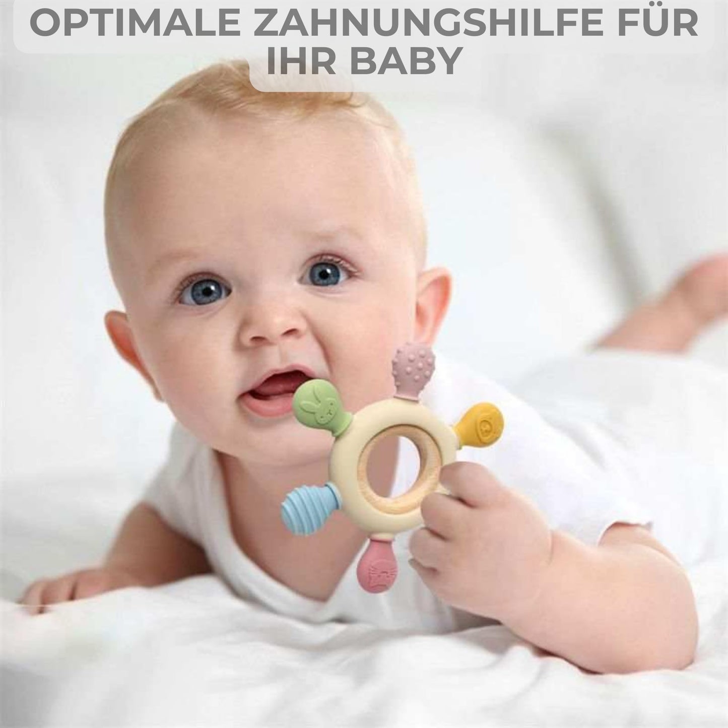 Baby Beißring für Zahnungshilfe aus Silikon & Holz:  BPA-frei, Sicheres Spielzeug
