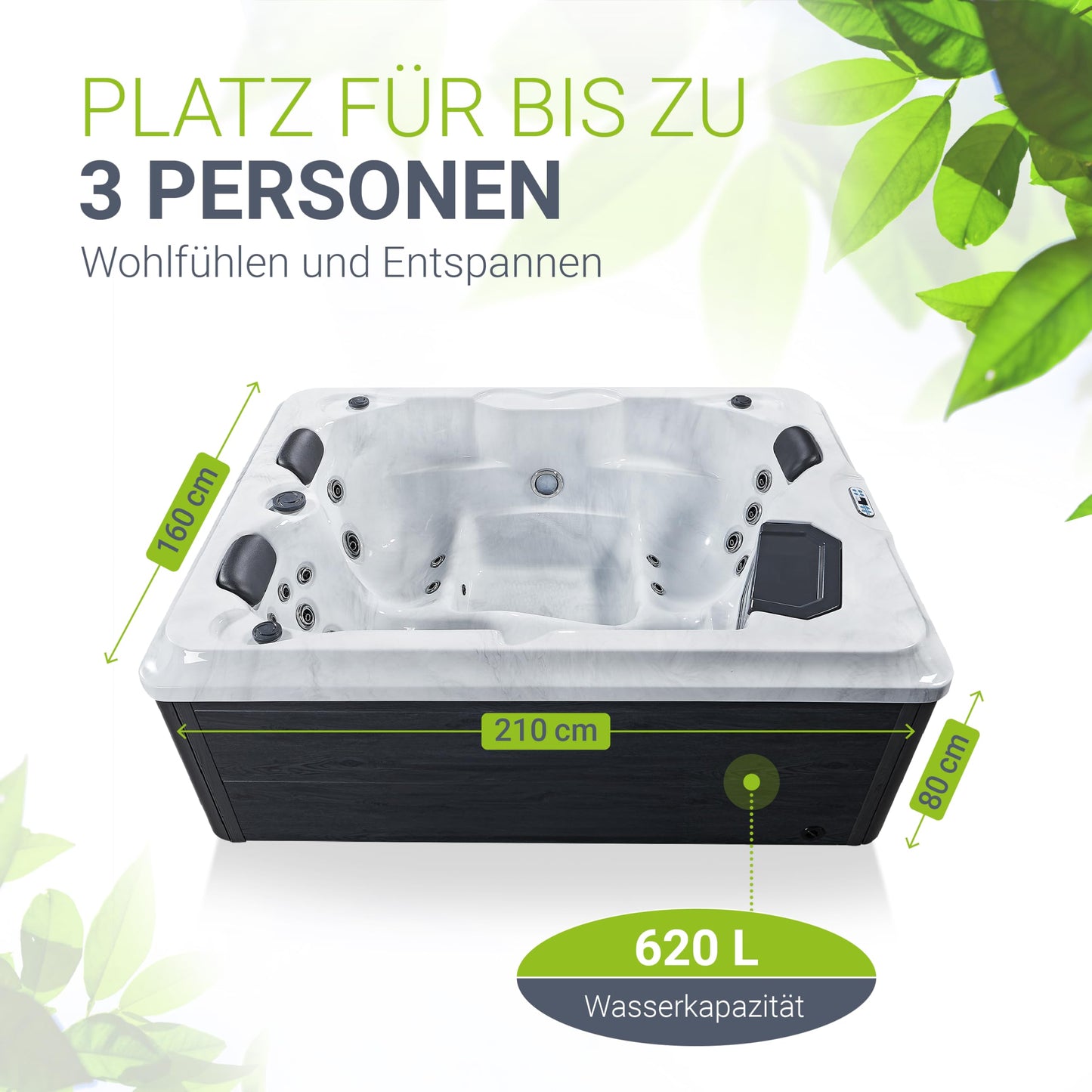 Artsauna Whirlpool 'OASIS' für 3 Personen (620L) inkl. Thermoabdeckung: 31 Massagedüsen (Grau)