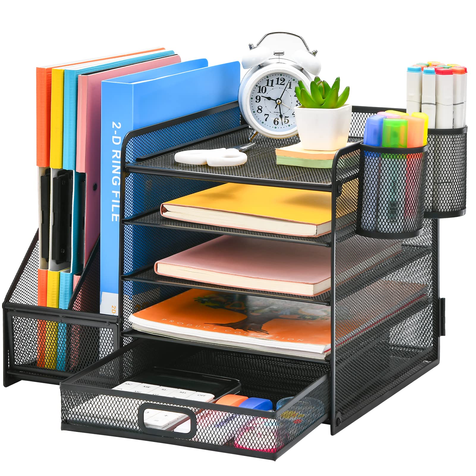 Schreibtisch Organizer mit Aktenhalter: 5-Ablagefächer mit Schublade, 2 Stifthalter (Schwarz)