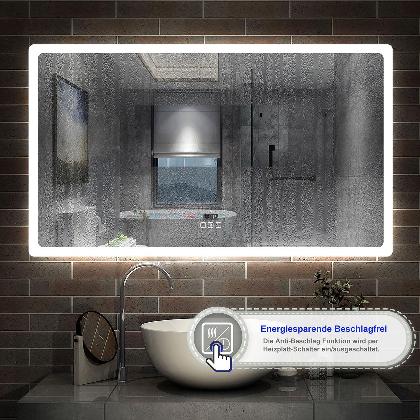 LED bathroom mirror (160×80cm) with Bluetooth &amp; memory touch switch: Dimmable, anti-fog