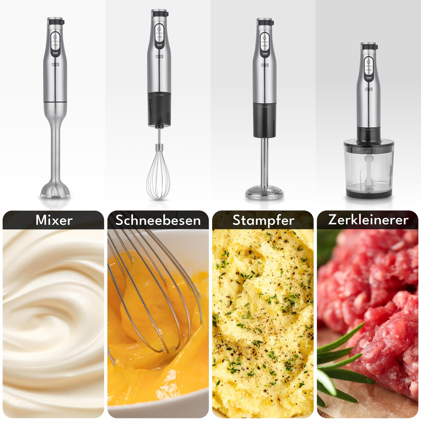 LEBENLANG Premium  Stabmixer Set (1200W) inkl. 5x Zubehör & Spritzschutz