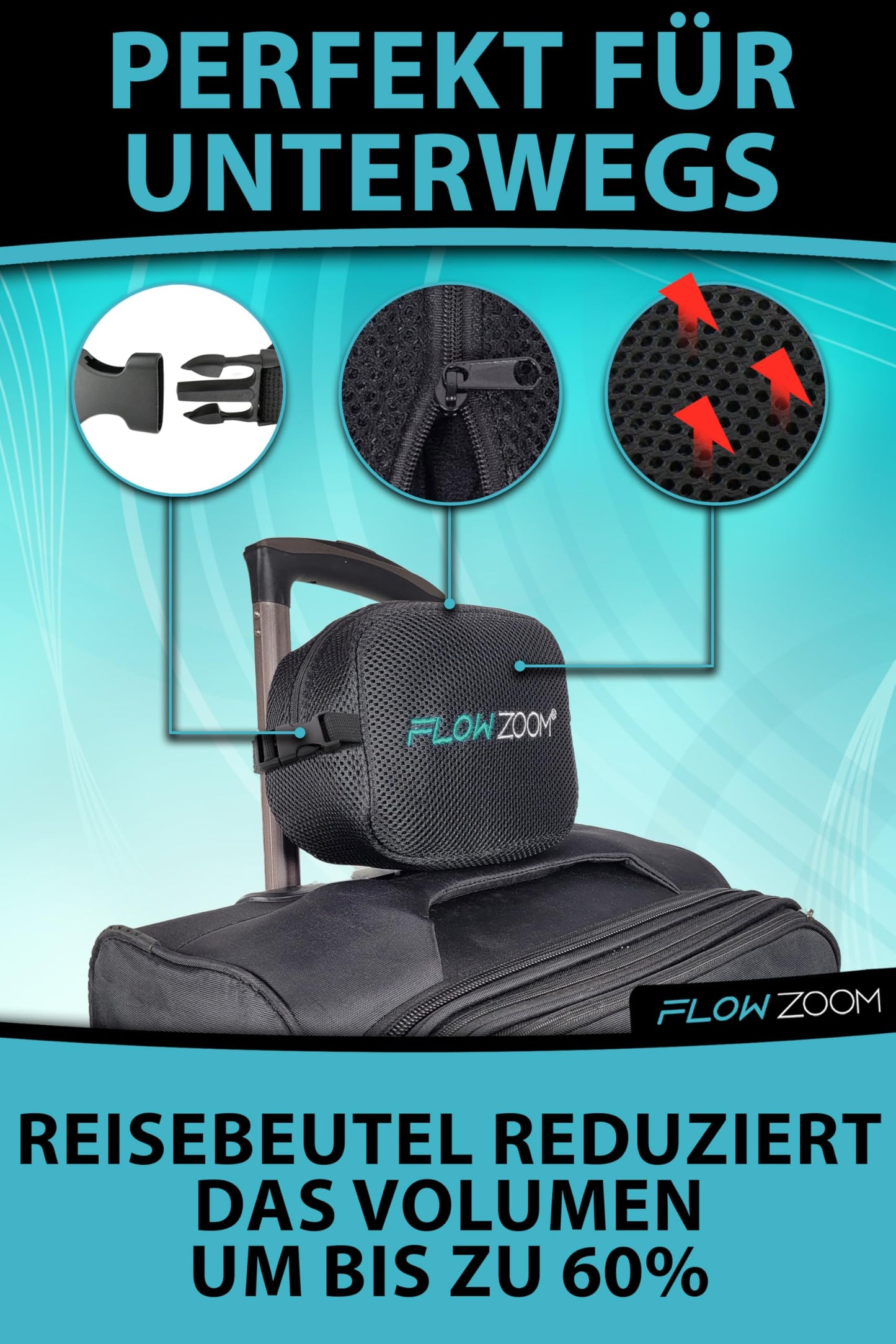 FLOWZOOM Nackenkissen für Flugzeug & Auto | Einstellbares Memory Foam mit flexiblen Druckknöpfen