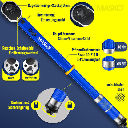 MASKO® torque wrench (6-piece): 40-210Nm 1/2' CV incl. 3 sockets + assembly gloves case