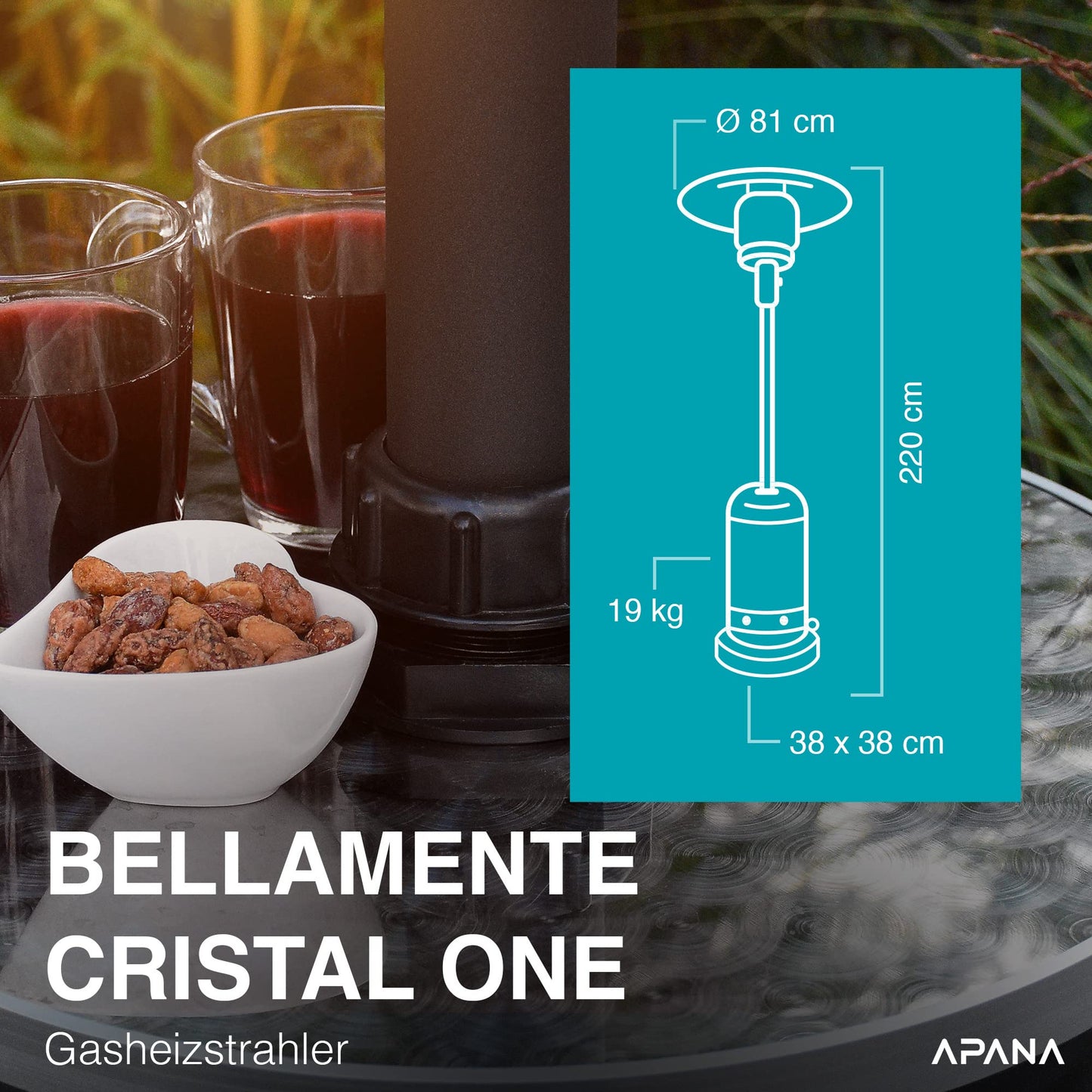 APANA 'Bellamente ONE' gas heater (14kW) for garden with transport wheels &amp; automatic switch-off