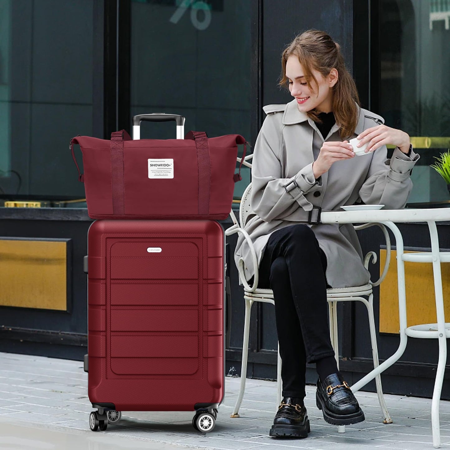 SHOWKOO Hartschalen Reisekoffer-Set (5-teilig): Erweiterbar mit TSA-Schloss | Rot