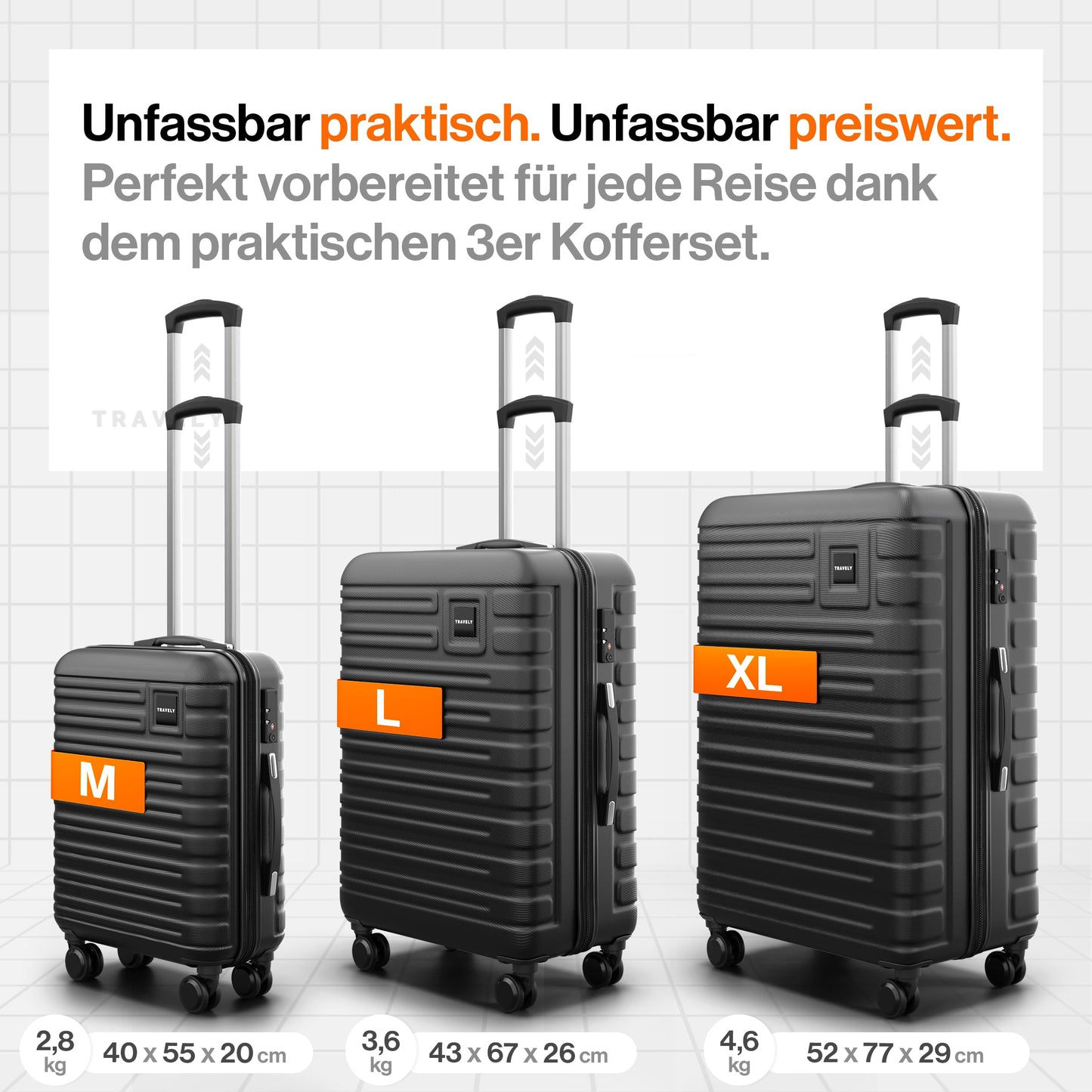 TRAVELY polycarbonate suitcase set (3 pieces) with smooth wheels &amp; TSA lock | Black