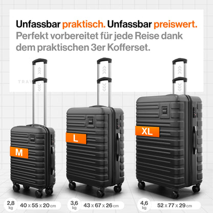 TRAVELY polycarbonate suitcase set (3 pieces) with smooth wheels &amp; TSA lock | Black