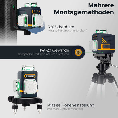 Kreuzlinienlaser, CIGMAN (3x360 Grad) Grün: Selbstnivellierend Laser Wasserwaage, Baulaser