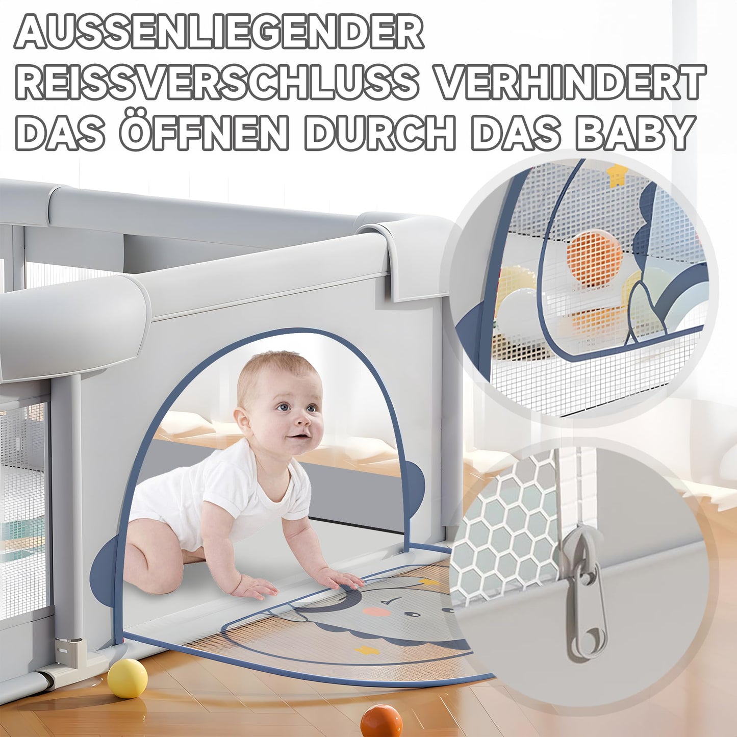 Laufgitter Baby mit rutschfestem Boden (200x180cm) inkl. 60 Seebälle, 4 Griffe, Playpen, Aufbewahrungstasche