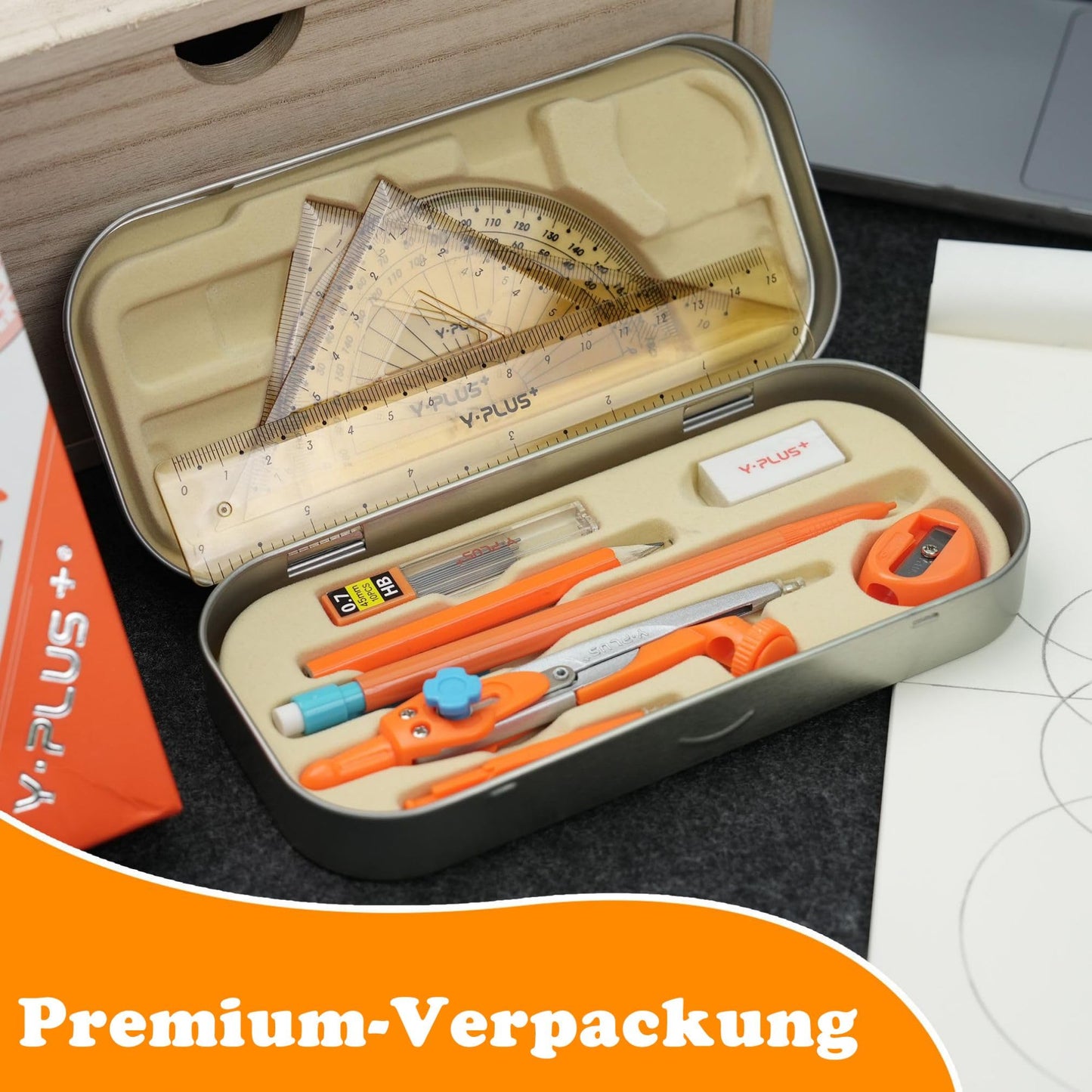 Mathematik-Geometrie-Set mit Lineal, Winkelmessern, Protraktor und Bleistiften