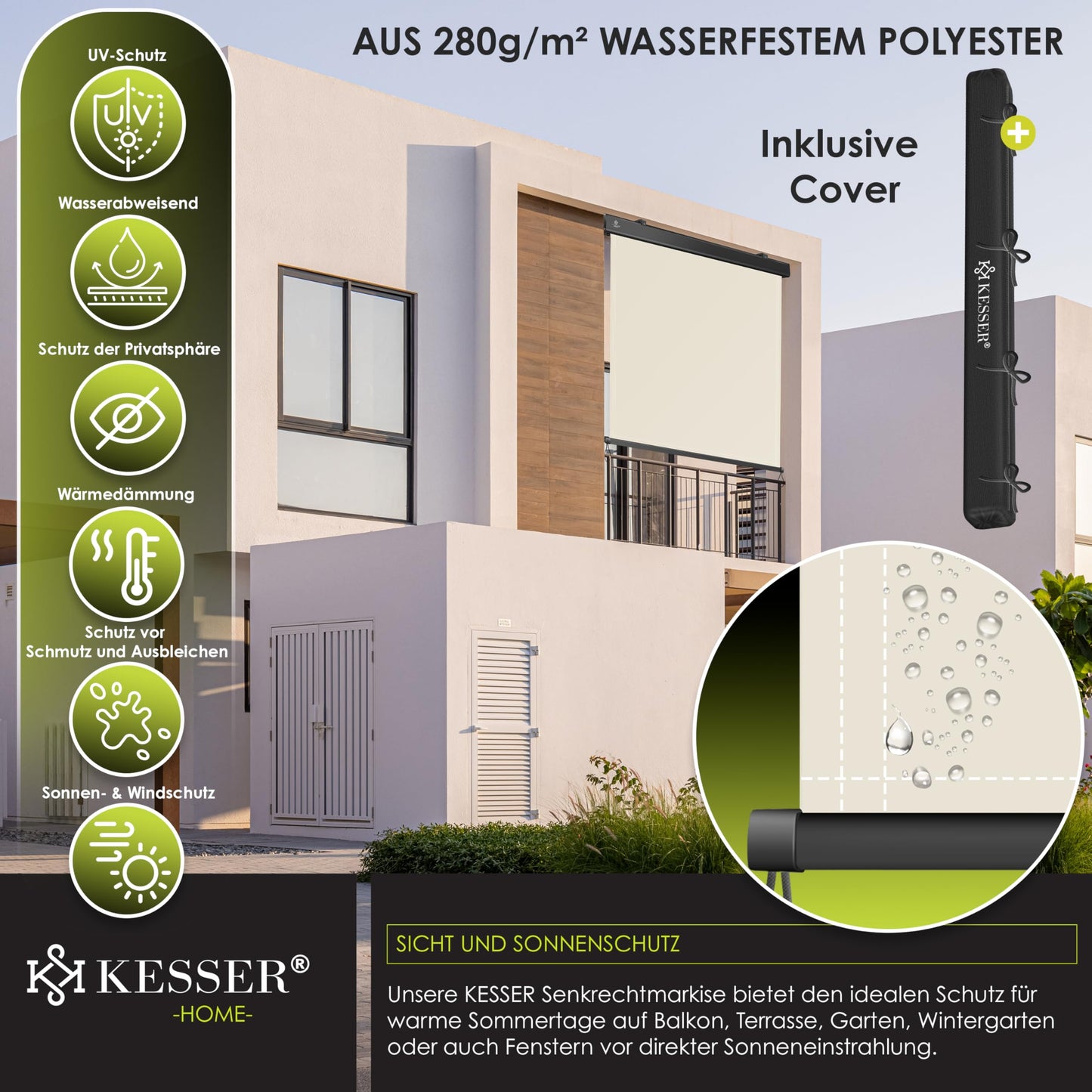 KESSER® vertical awning with hand crank mechanism: sun and privacy protection including mounting kit &amp; cover