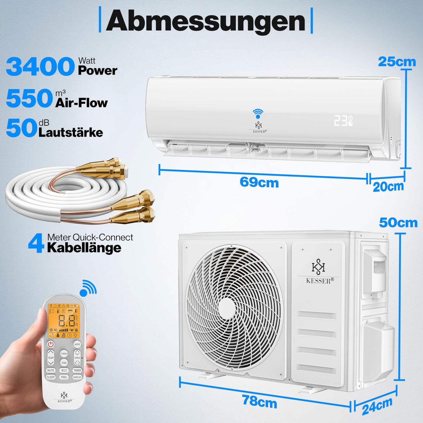 KESSER® 'Quick Connect' Split Air Conditioning Set with Heating Function: 12000BTU, 3.4kW, WiFi &amp; App