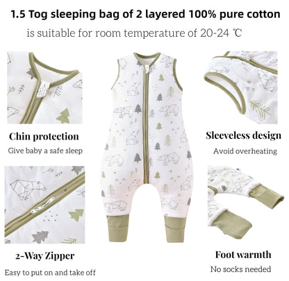Chilsuessy (2er Pack) Baby Schlafsack mit Beinen, 1.5 Tog | 100% Baumwolle, Ganzjahr