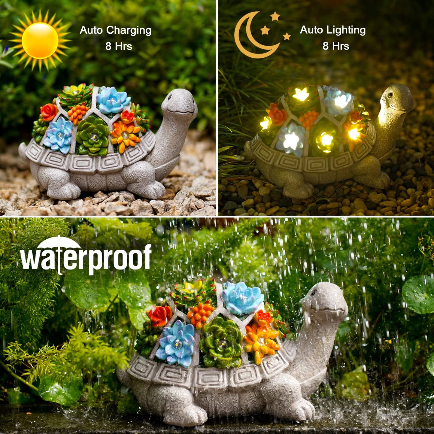 Yeomoo Solar Gartenfiguren Schildkröte Gartendeko für Draußen, mit Sukkulenten und 7 LED Leuchten Home Balkon Dekoration, Figur Kawaii Geschenke für Frauen/Mama Deko für Zimmer Terrasse