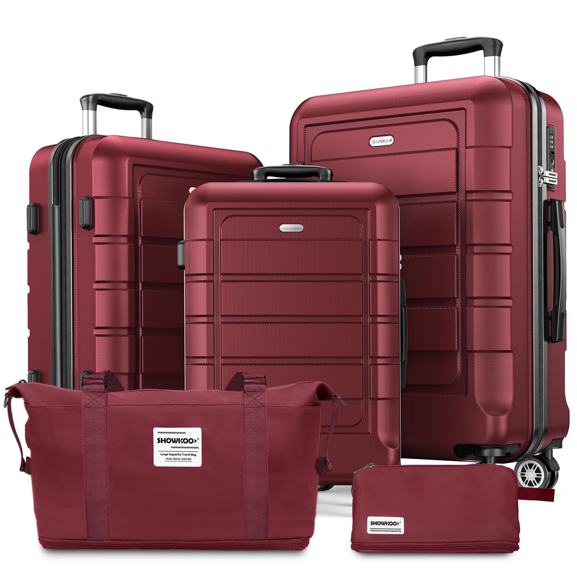 SHOWKOO Hartschalen Reisekoffer-Set (5-teilig): Erweiterbar mit TSA-Schloss | Rot