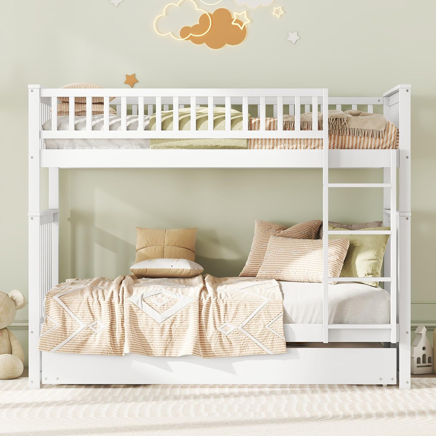 Kinder-Etagenbett 'Kehun' (90×200cm) mit ausziehbares Rollbett und Leiter für 2-3 Kinder