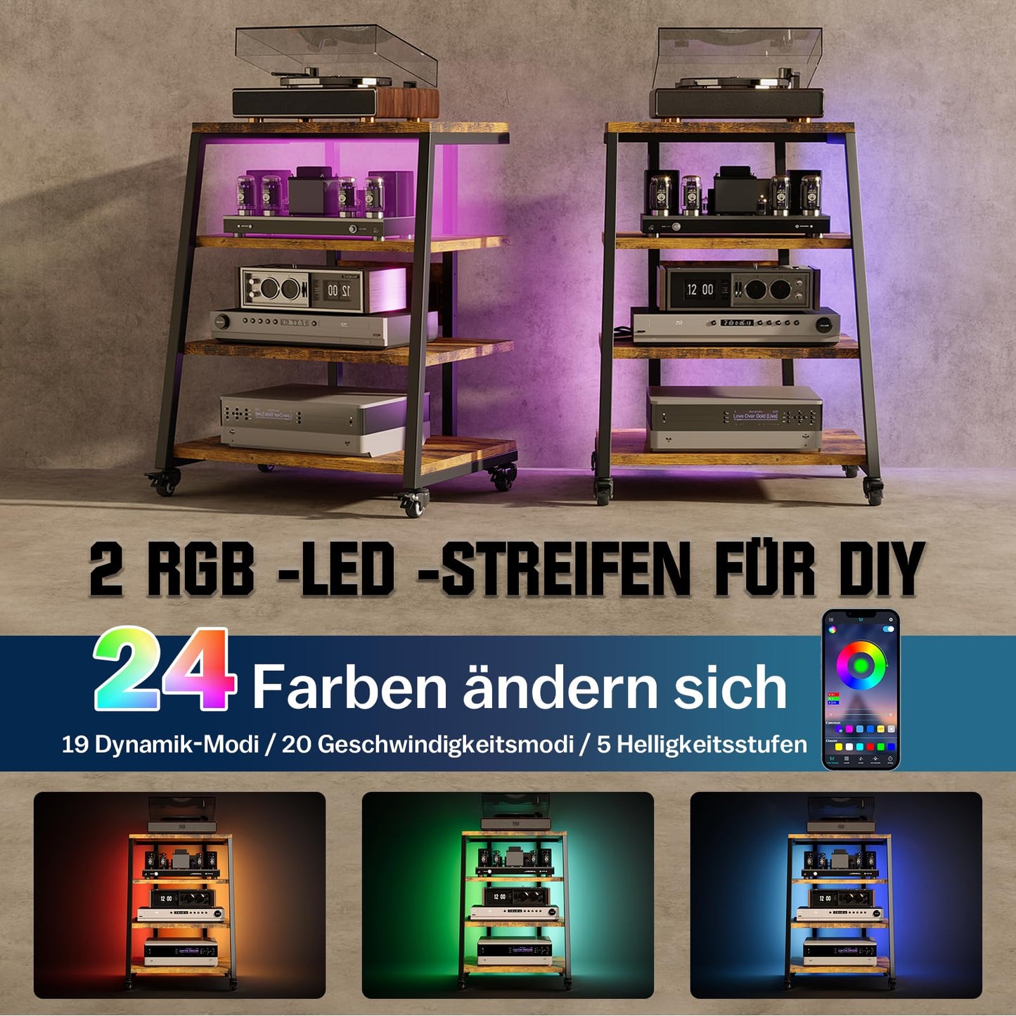 4-tier HiFi shelf with wheels, power strips &amp; LED lights for stereo systems, TV