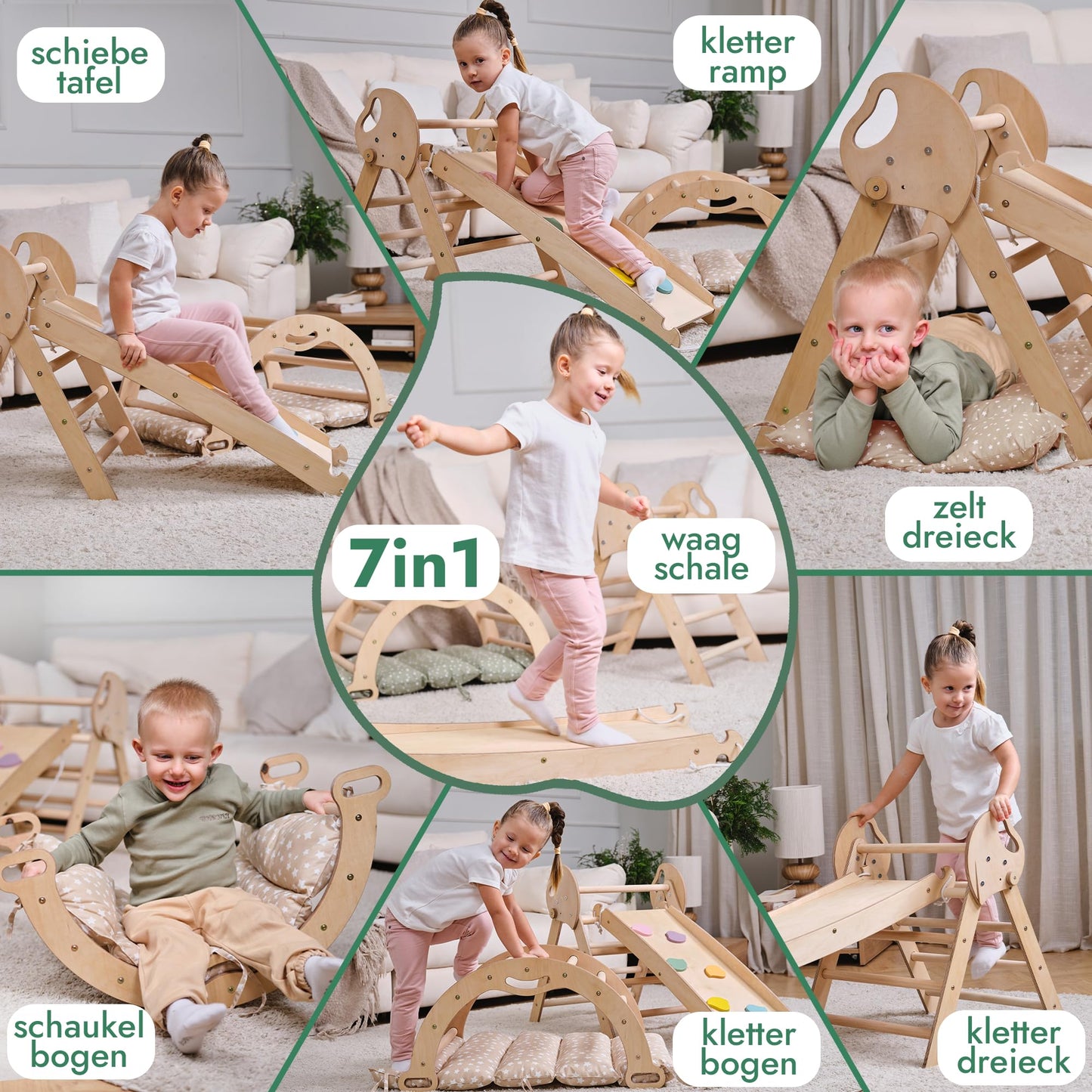 5-in-1 Montessori Klettergerüst-Set mit Kissen & Rutsche für Kinder, Indoor Spielplatz
