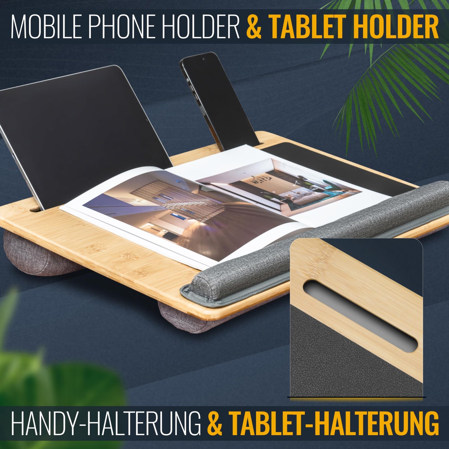 RICOO Laptopkissen Knietablett mit Kissen XXL Betttablett Laptoptisch Bambus & Mauspad Schoß Kissentablett LA0035 Notebook Laptop Unterlage Lapdesk Ständer Computer Tablett-Tisch für Couch Bett Sofa