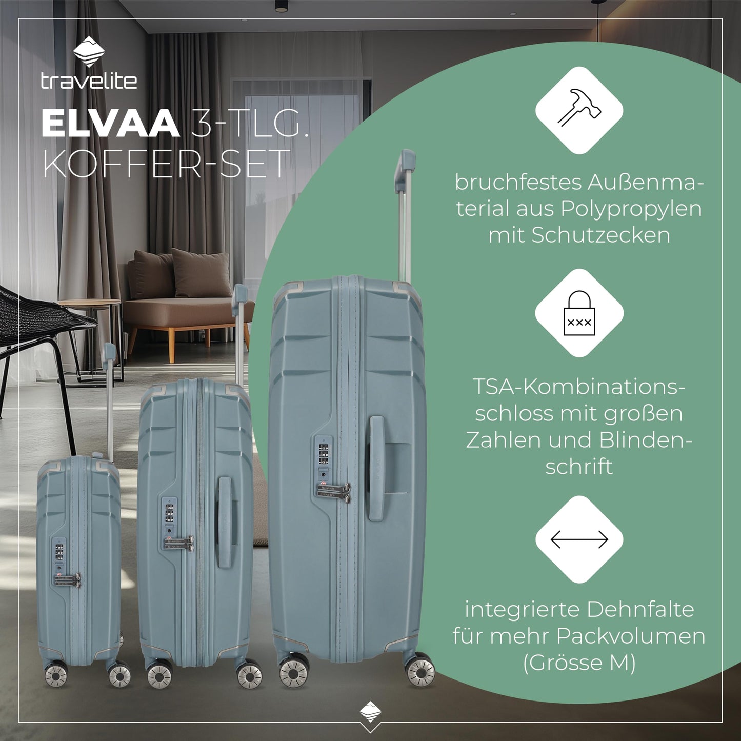 TRAVELITE 'Elvaa' Hartschalen Reisekoffer-Set (3-teilig) mit recyceltem Innenfutter, TSA-Schloss