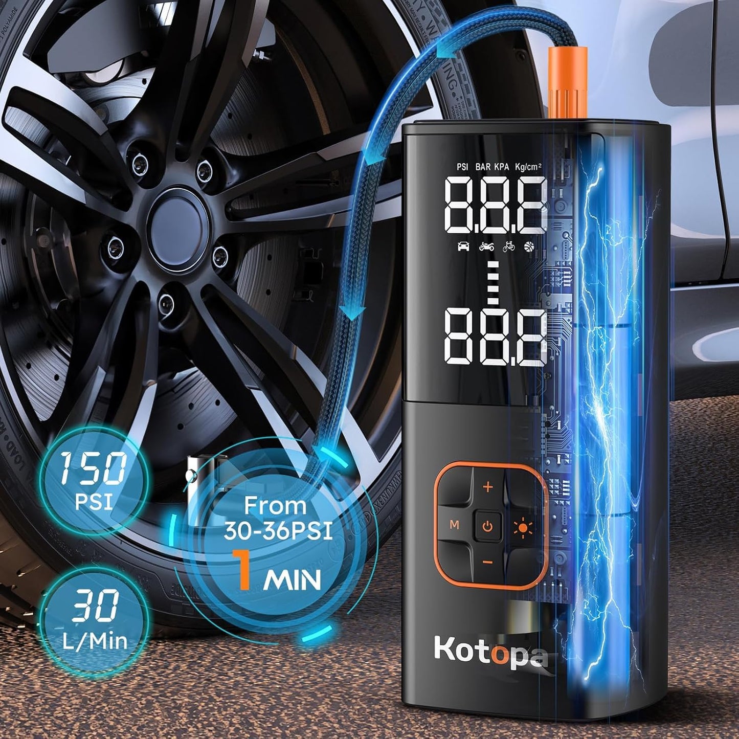 KOTOPA Elektrische Luftpumpe (150PSI): Wiederaufladbare Luftkompressor mit 4 Adapter