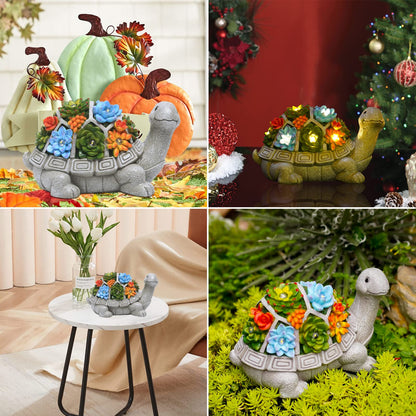 Yeomoo Solar Gartenfiguren Schildkröte Gartendeko für Draußen, mit Sukkulenten und 7 LED Leuchten Home Balkon Dekoration, Figur Kawaii Geschenke für Frauen/Mama Deko für Zimmer Terrasse