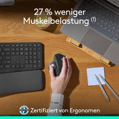 Logitech MX Ergo S Advanced kabellose Trackball-Maus, über USB-C wiederaufladbare kabellose ergonomische Maus mit Bluetooth und verschlüsseltem Dongle, 6 programmierbare Tasten, für PC/Mac - Graphit