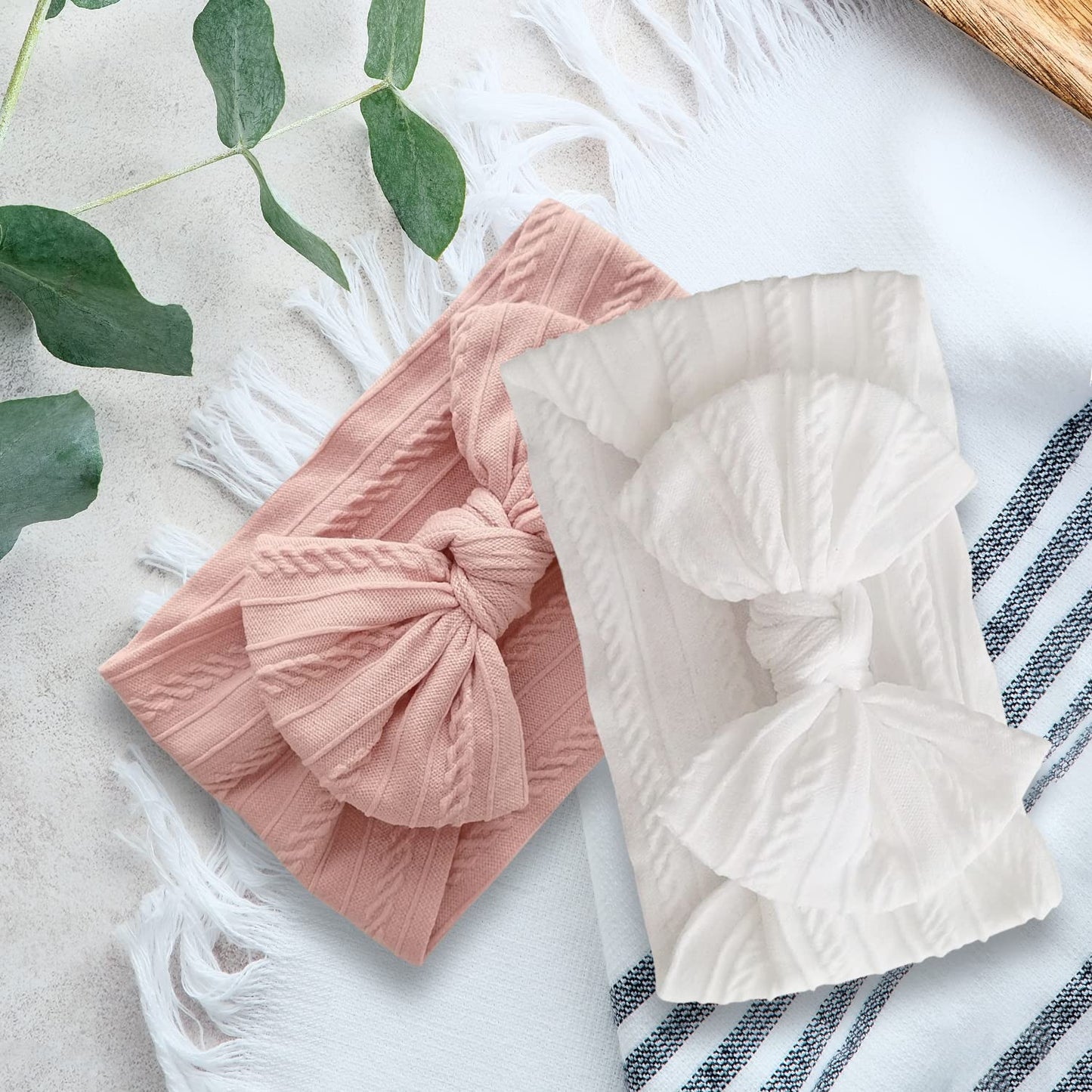 Baby Mädchen Turban Elastische Stirnband-Schleife (2er-Set in Rosa und Weiß)