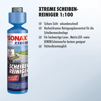 SONAX XTREME windscreen cleaner 1:100 (250ml) makes 25 liters of cleaning fluid for clear visibility