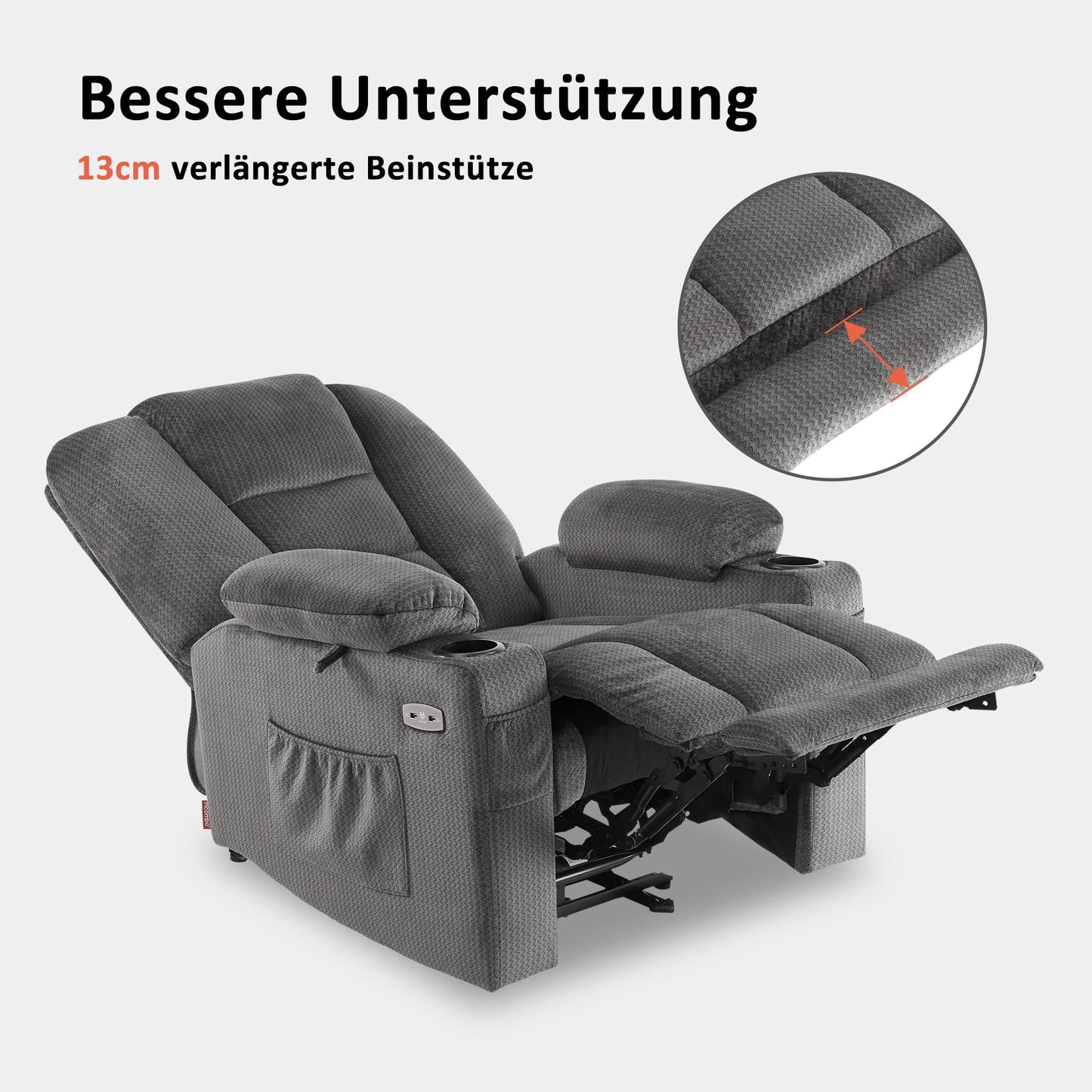 M MCombo Fernseh- Relaxsessel (7008) mit Liege-, Massage und Wärmefunktion: Elektrisch verstellbar, USB & Getränkehalter in Grau