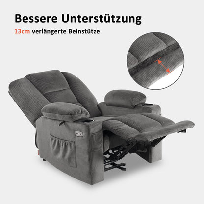 M MCombo Fernseh- Relaxsessel (7008) mit Liege-, Massage und Wärmefunktion: Elektrisch verstellbar, USB & Getränkehalter in Grau