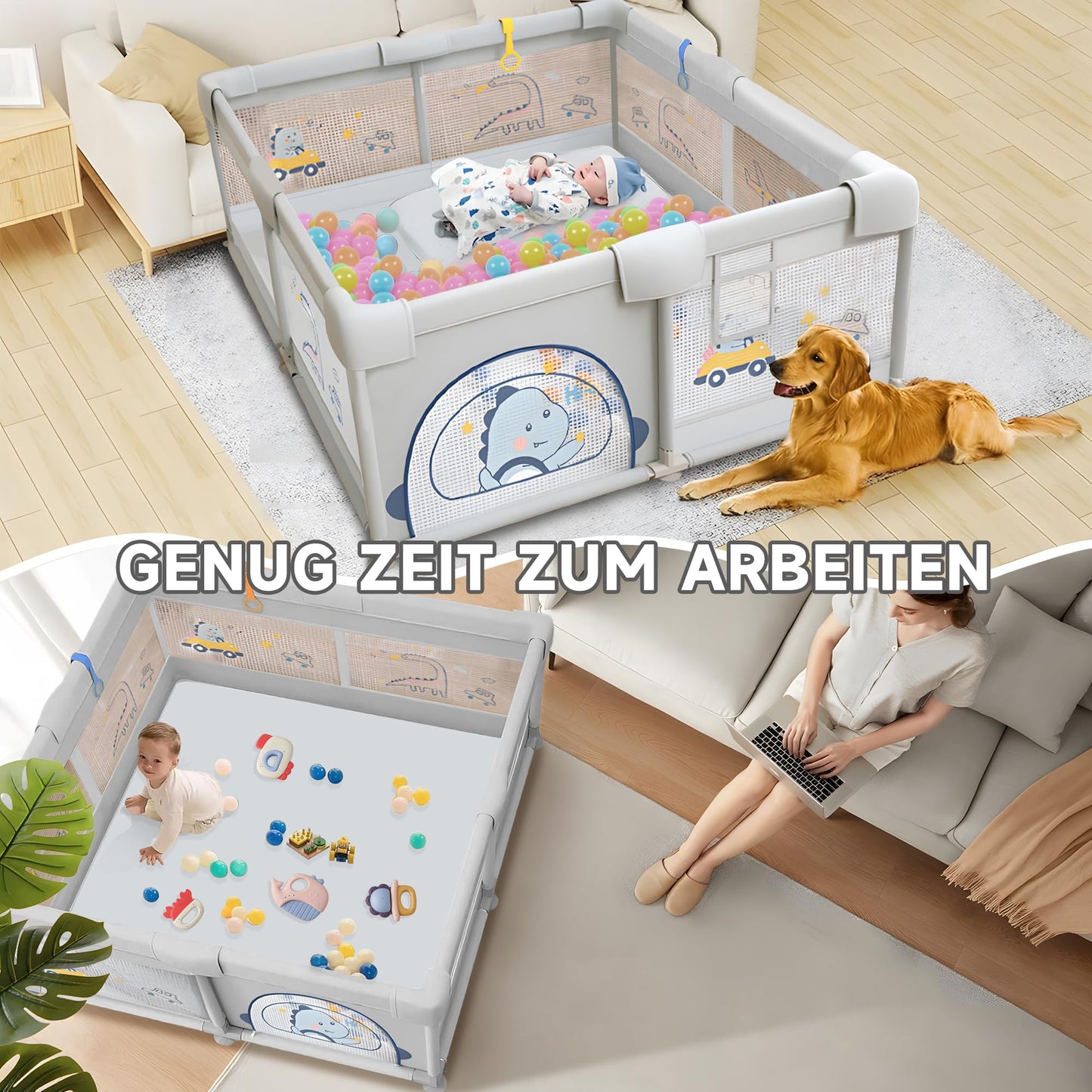 Laufgitter Baby mit rutschfestem Boden (200x180cm) inkl. 60 Seebälle, 4 Griffe, Playpen, Aufbewahrungstasche