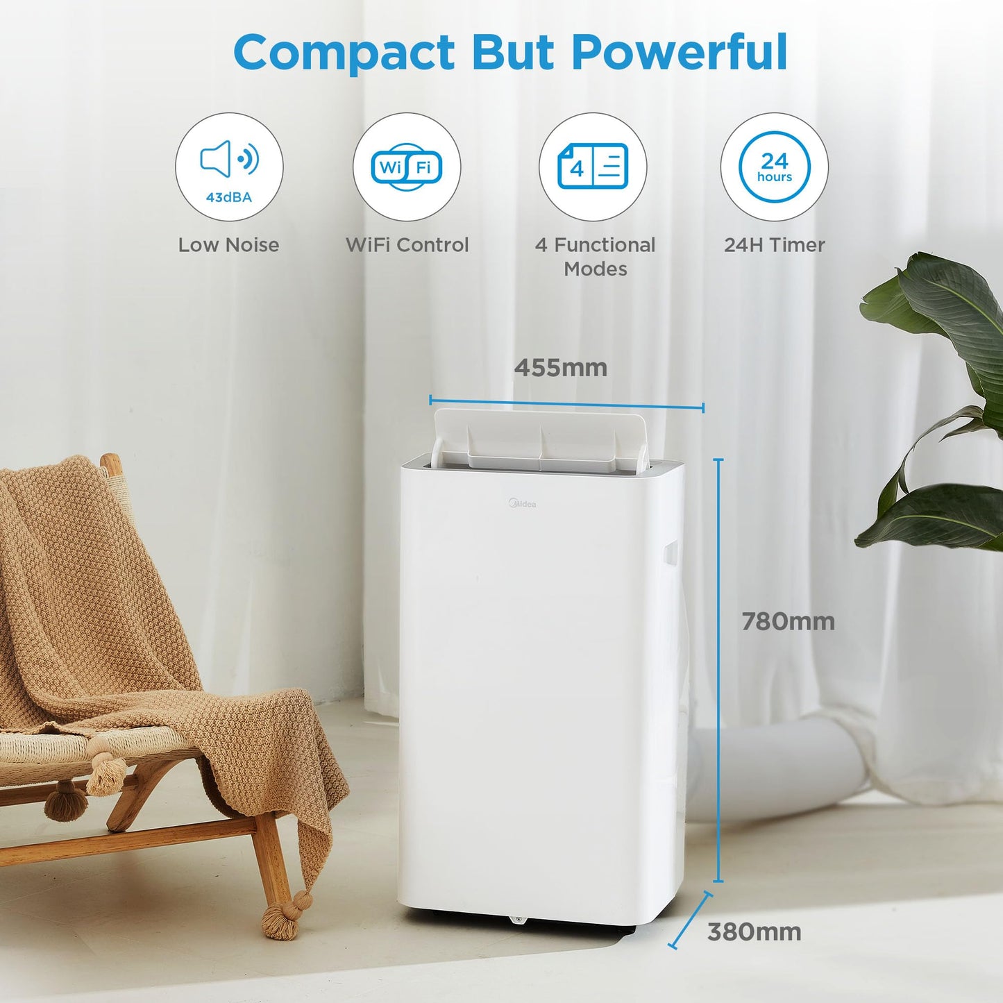 Midea 'Silent Cool 26 Pro WF' Mobiles Klimagerät mit Abluftschlauch: 9000BTU, 2,6kW | APP-Steuerung