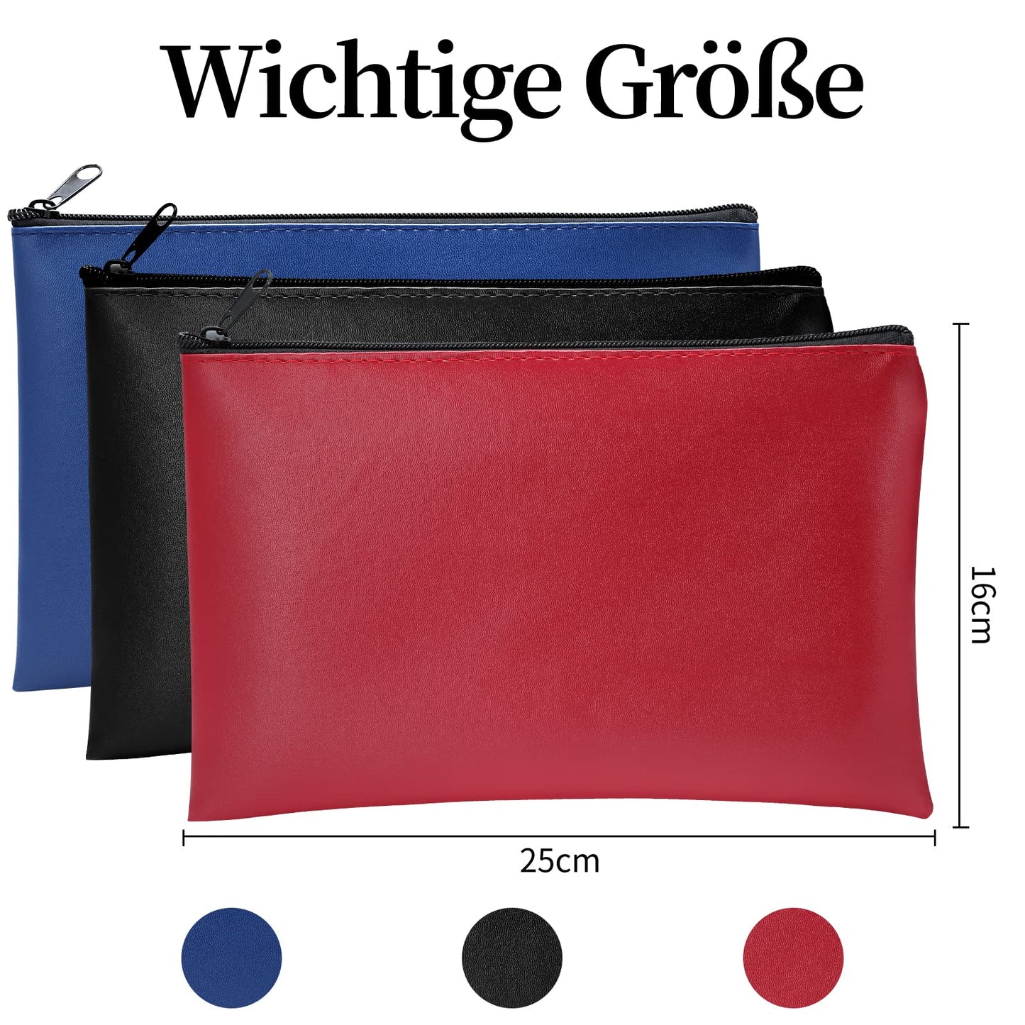 3 Stück Banktaschen aus Kunstleder (25x16cm): Geldtasche für A5 Dokumente, Geldmappe