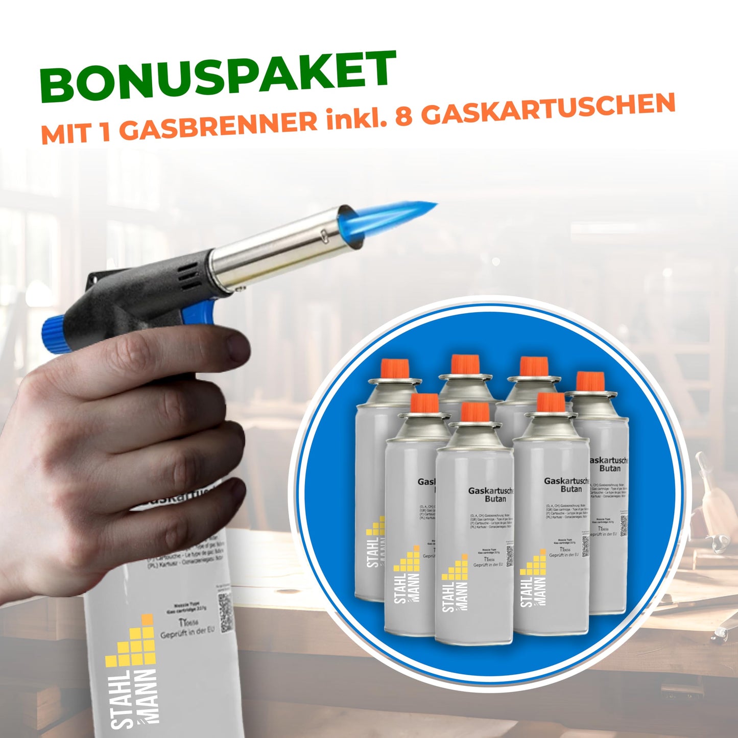 STAHLMANN® Gasbrenner mit Kartusche (8x227g): Flambierbrenner max. 1300°C Temperatur