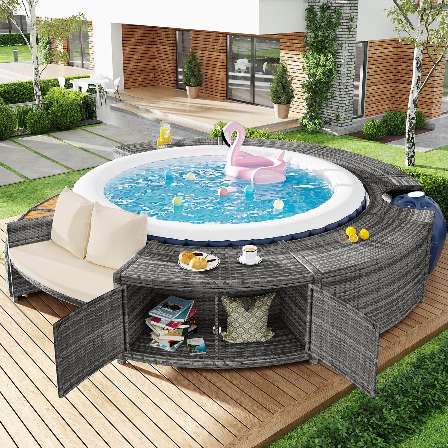 Garten-Lounge-Set mit runder Couch für Whirlpool & Pool mit verstellbaren Füßen inkl. Kissen