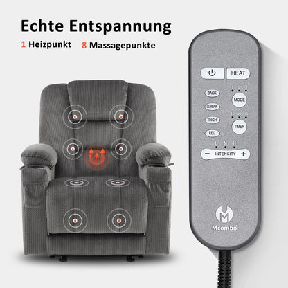 M MCombo Fernseh- Relaxsessel (7008) mit Liege-, Massage und Wärmefunktion: Elektrisch verstellbar, USB & Getränkehalter in Grau