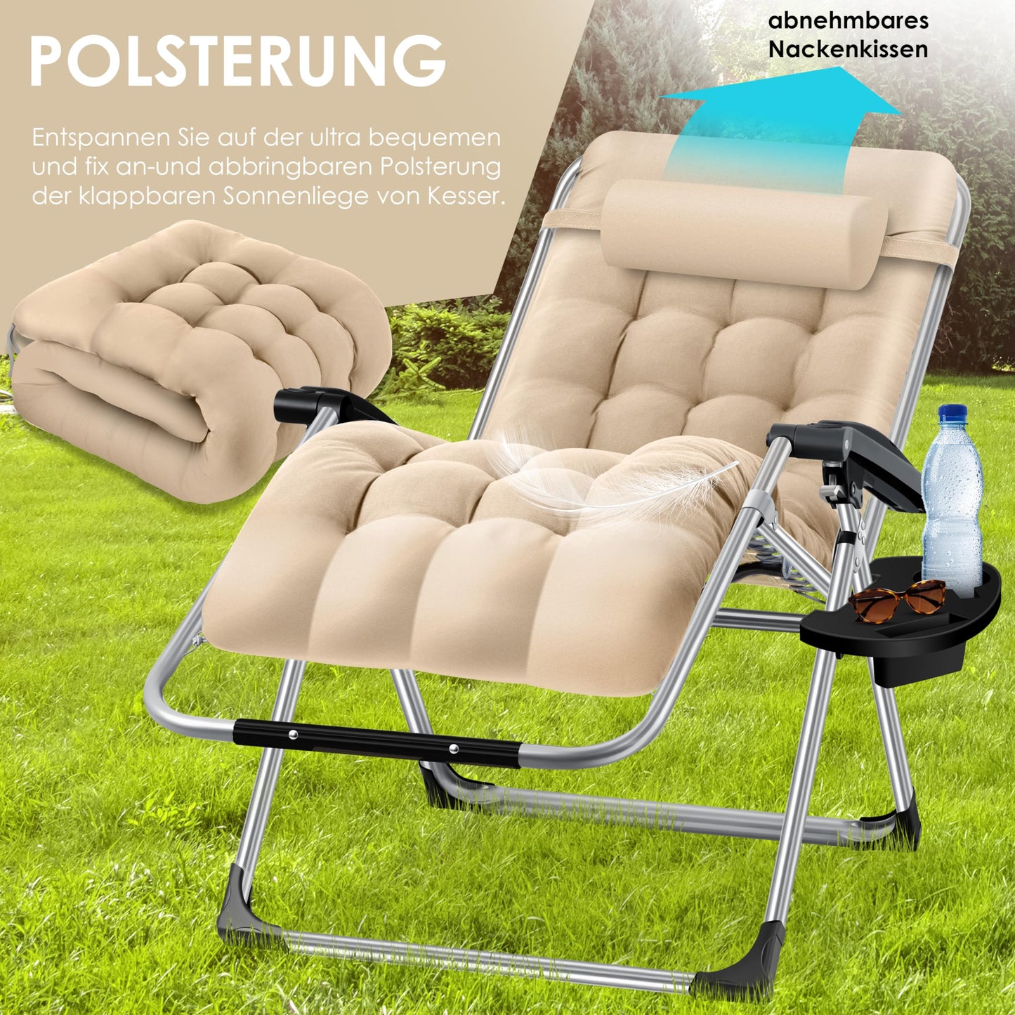 KESSER® Sonnen-Liegestuhl: Klappbar & Wetterfest inkl. Nackenkissen & Getränkehalter