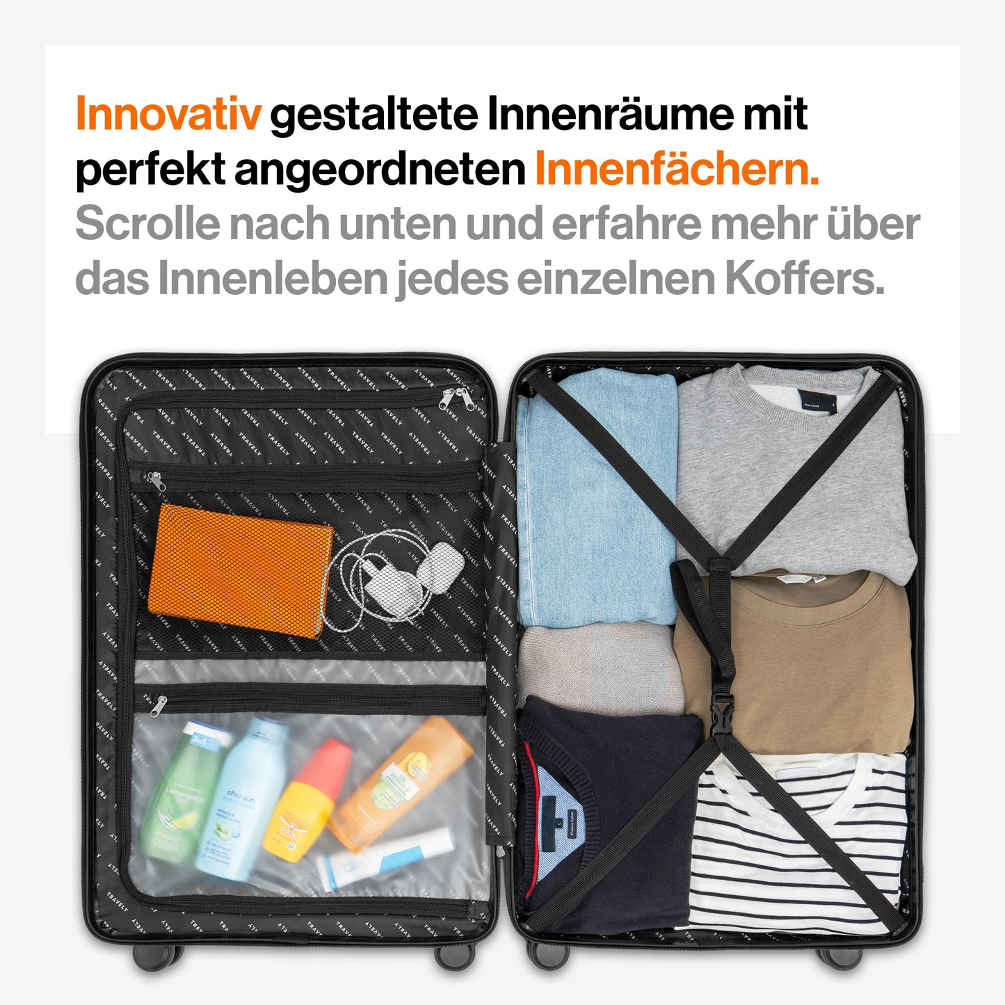 TRAVELY polycarbonate suitcase set (3 pieces) with smooth wheels &amp; TSA lock | Black
