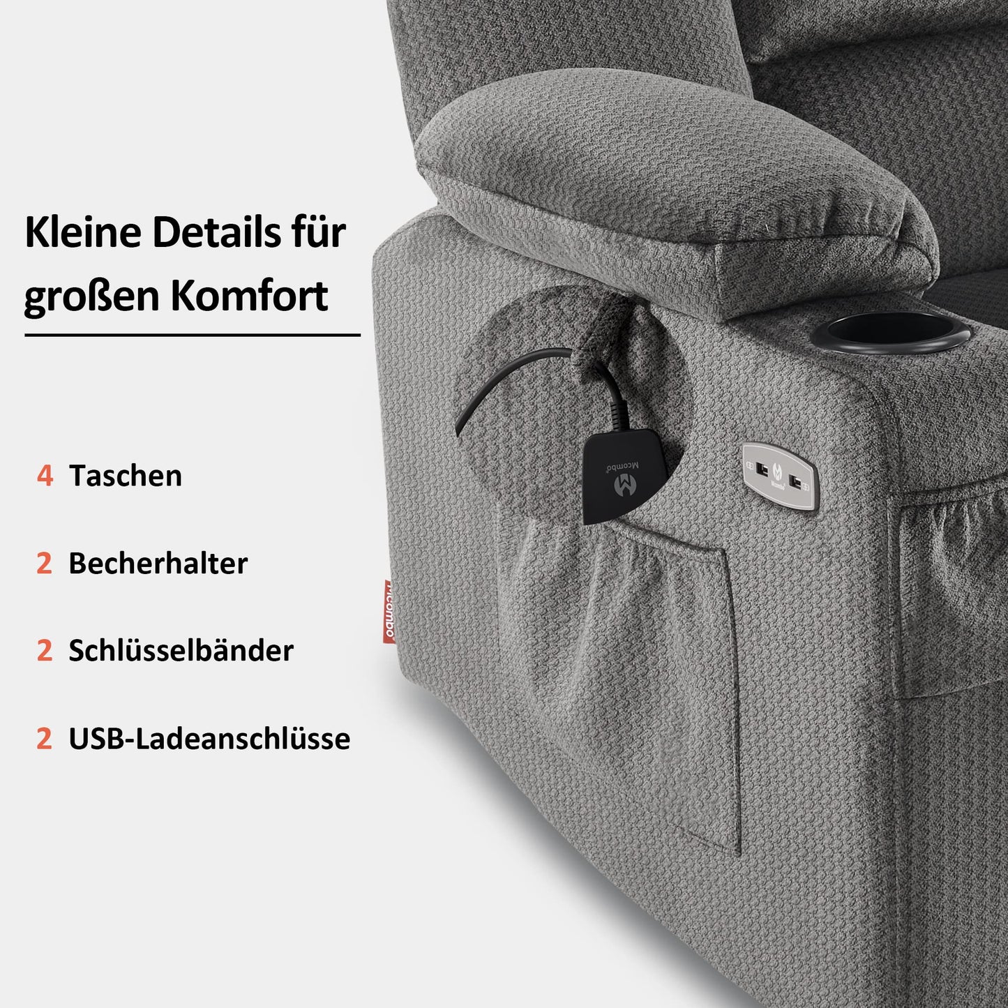 M MCombo Fernseh- Relaxsessel (7008) mit Liege-, Massage und Wärmefunktion: Elektrisch verstellbar, USB & Getränkehalter in Grau