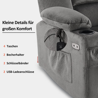 M MCombo Fernseh- Relaxsessel (7008) mit Liege-, Massage und Wärmefunktion: Elektrisch verstellbar, USB & Getränkehalter in Grau