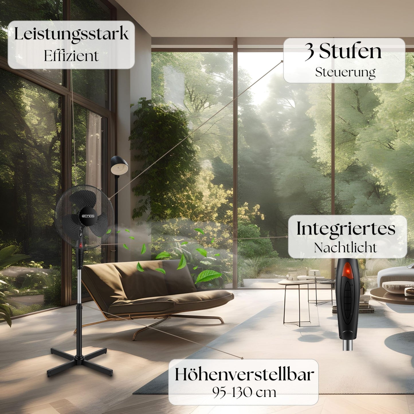 Echos® Standventilator (Ø 43cm): Sehr leise, Energiesparend, 3 Stufen, Oszillation