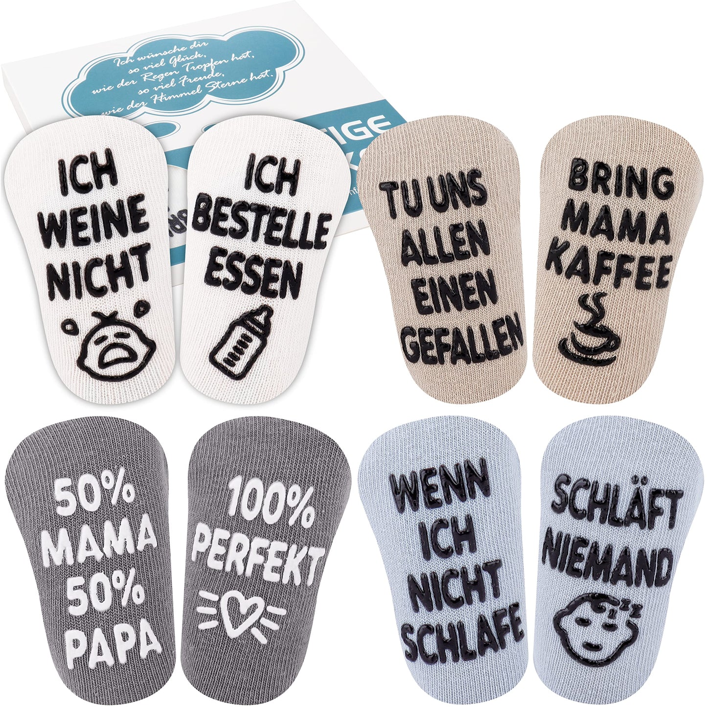 Belloxis Baby Socken (4 Paar): Lustige Textaufdrucke & Rutschfest | Für Babys von 0-12 Monaten