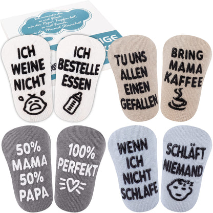 Belloxis Baby Socken (4 Paar): Lustige Textaufdrucke & Rutschfest | Für Babys von 0-12 Monaten