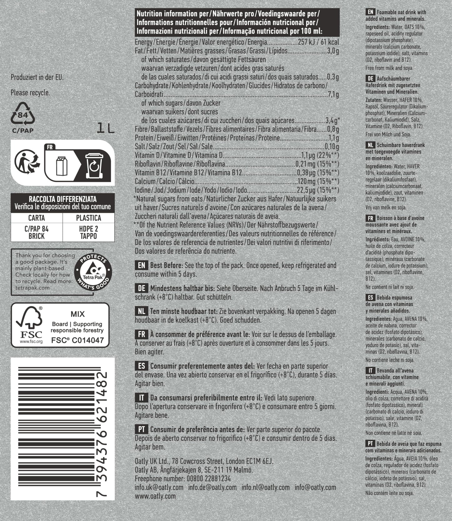 Oatly Barista oat drink - Barista Edition: 1 liter | Long Life (pack of 6)