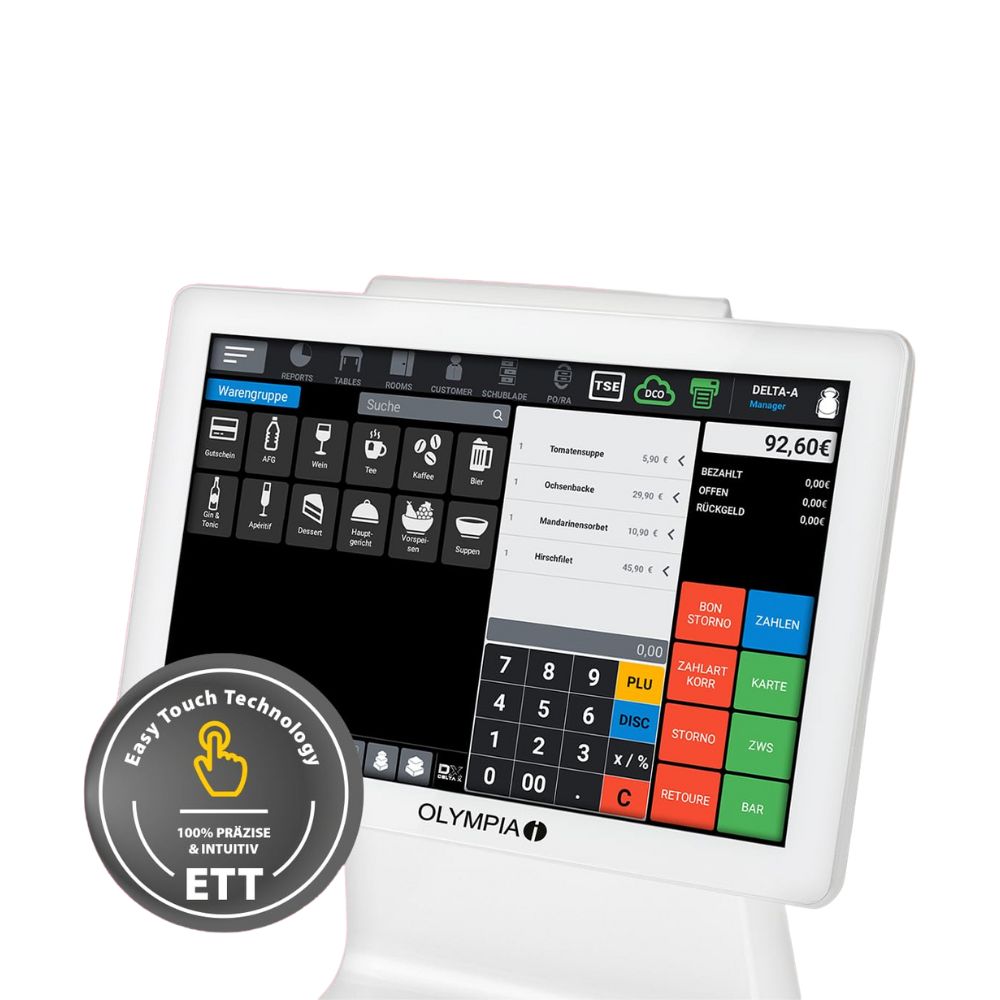 Olympia TS10 touchscreen POS system for restaurants and retail: scanner, customer display