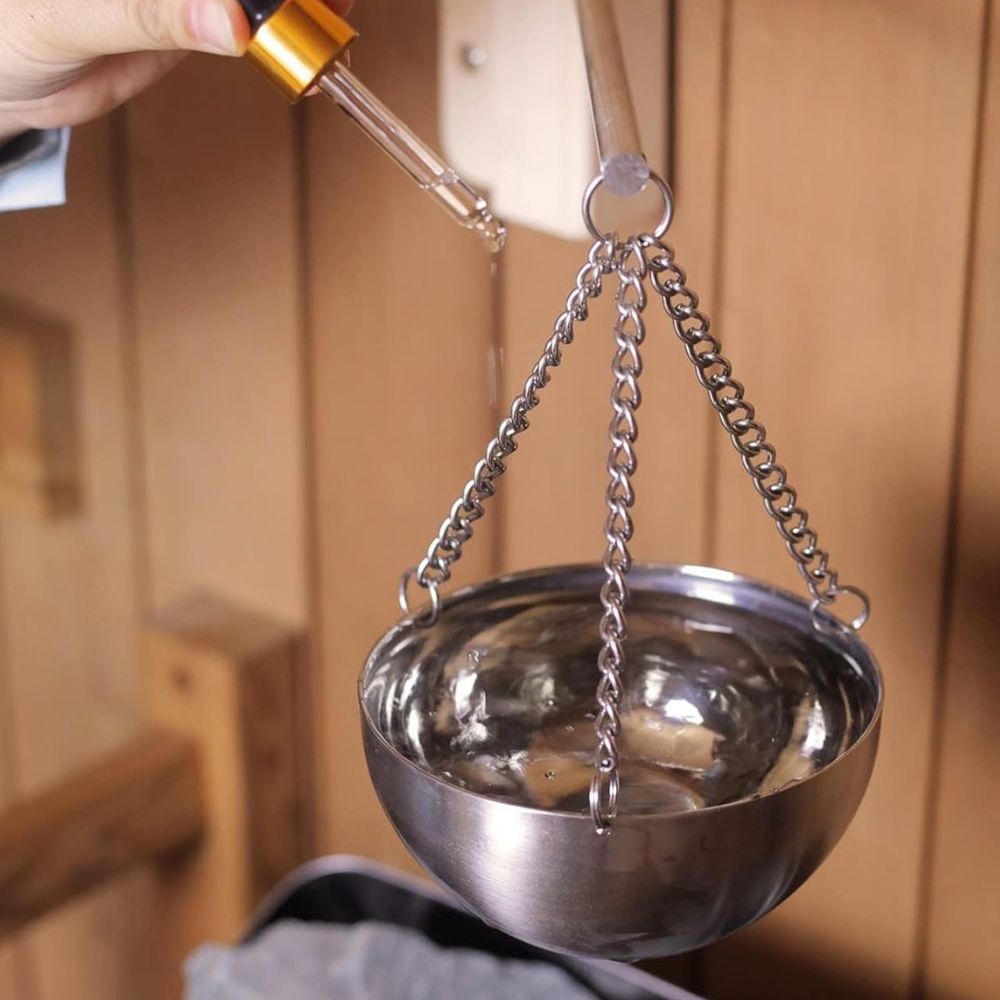 WOOLUCK Sauna Verdampferschale aus Edelstahl: Aroma Schüssel mit Zubehör | Hängend