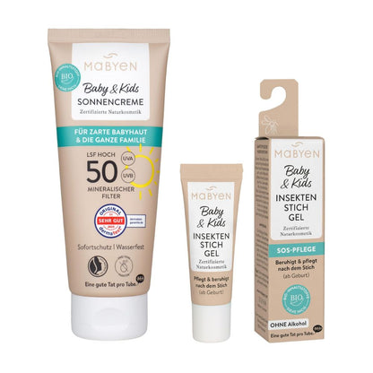 Mabyen Baby & Kids Sommerschutz-Set (2-teilig): Sonnencreme LSF 50 + Insektenstichgel | Ab Geburt, Vegan