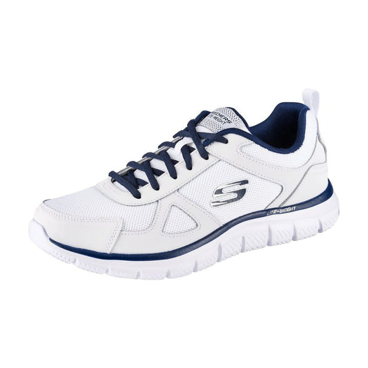 SKECHERS Track Scloric Herren-Sneaker: White Leather Mesh Pu Navy Trim